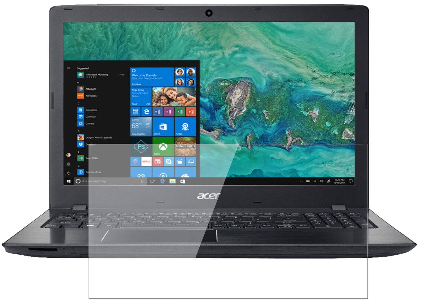 AcerAspire E 15 mit aufgebrachter dipos Flex Schutzfolie, glasklare Darstellung ohne Einschränkungen