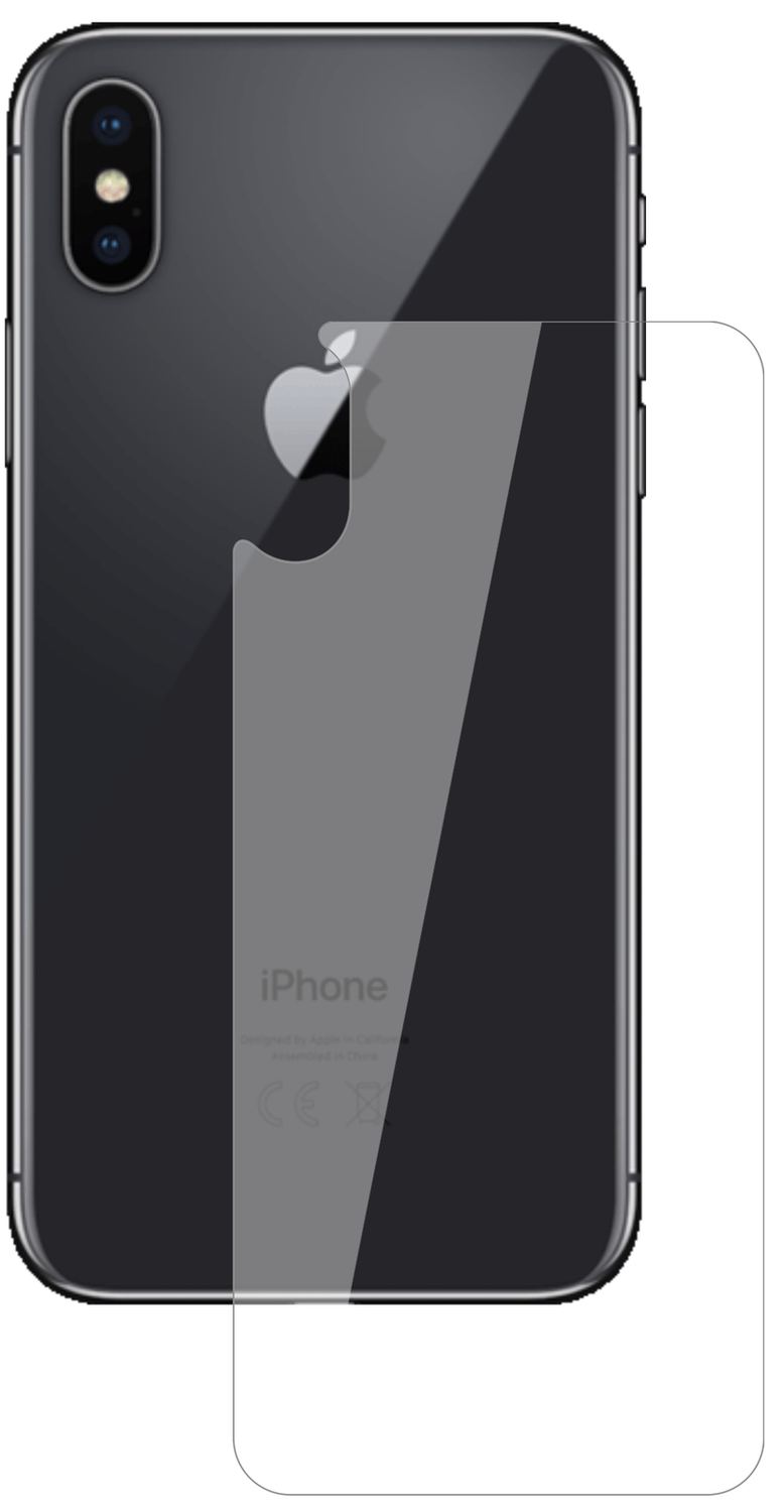 AppleiPhone XS Rückseite mit aufgebrachter dipos Flex Schutzfolie, glasklare Darstellung ohne Einschränkungen