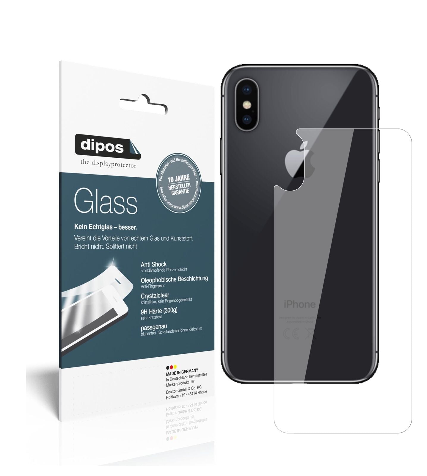AppleiPhone XS Rückseite mit aufgebrachter dipos Flex Schutzfolie, glasklare Darstellung ohne Einschränkungen