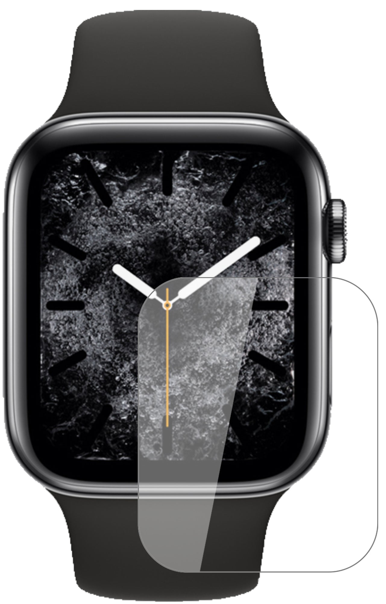 AppleWatch Series 5 (40mm) mit aufgebrachter dipos Flex Schutzfolie, glasklare Darstellung ohne Einschränkungen