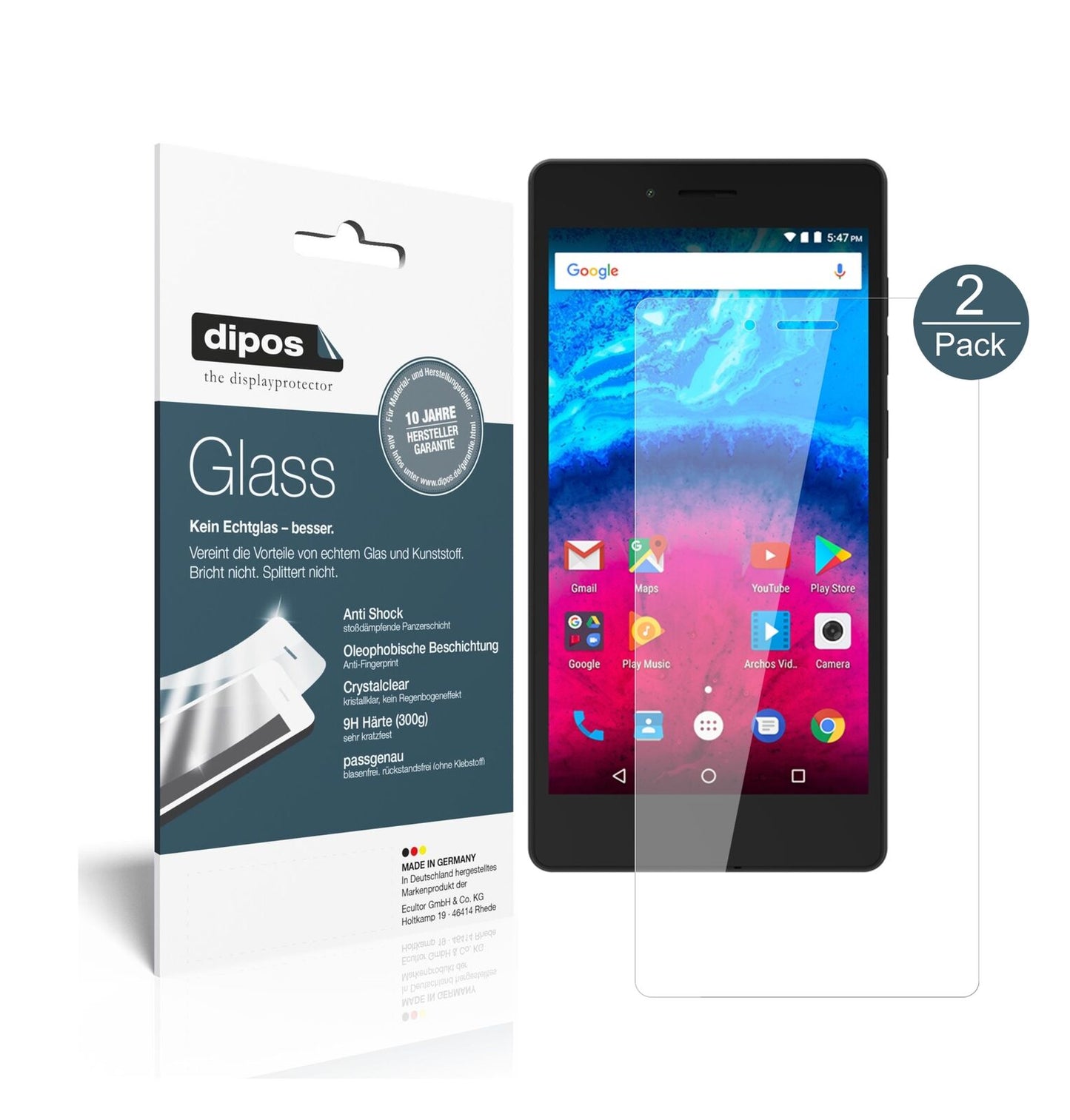 Archos50 Core 5,0 Zoll mit aufgebrachter dipos Flex Schutzfolie, glasklare Darstellung ohne Einschränkungen