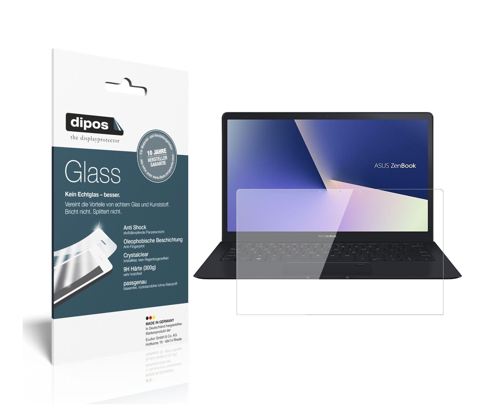 AsusZenBook S UX391UA mit aufgebrachter dipos Flex Schutzfolie, glasklare Darstellung ohne Einschränkungen