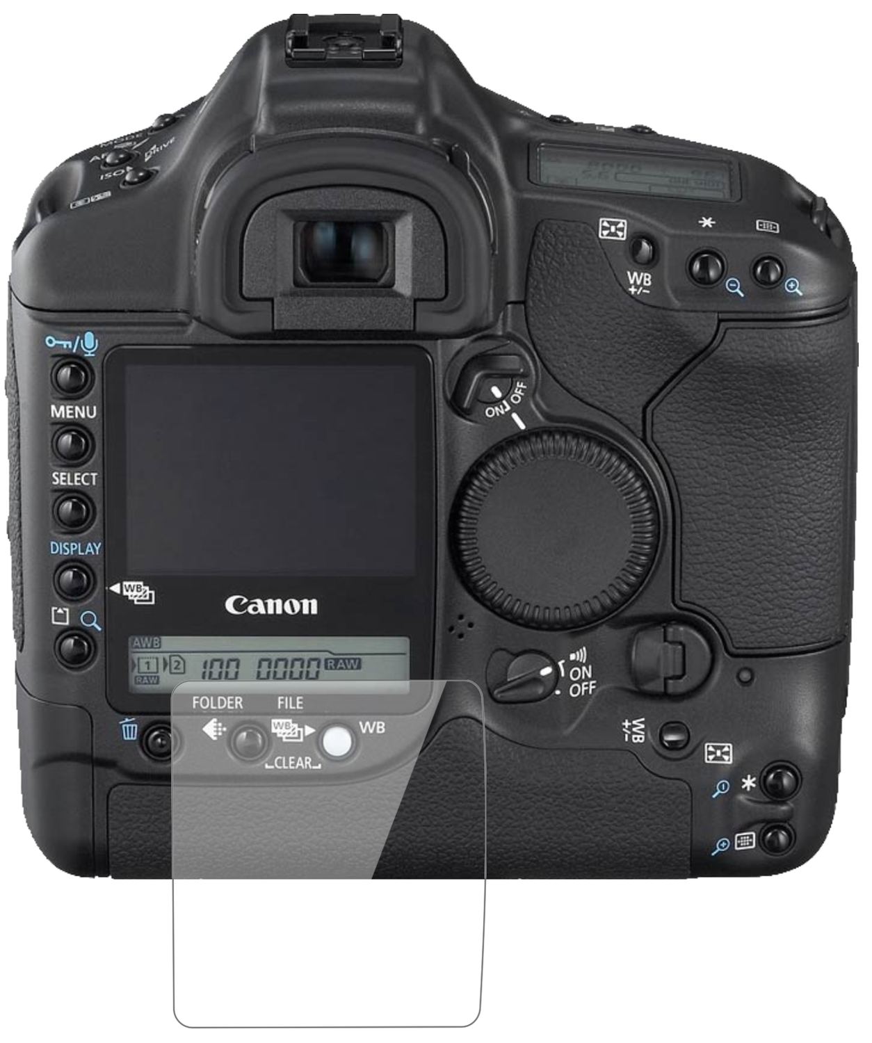 CanonEos 1D Mark II N mit aufgebrachter dipos Flex Schutzfolie, glasklare Darstellung ohne Einschränkungen