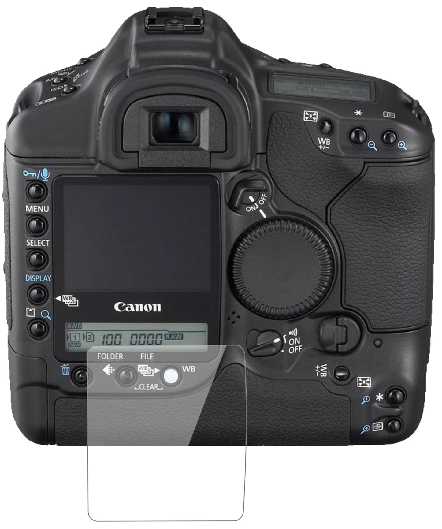 CanonEos 1DS Mark II mit aufgebrachter dipos Flex Schutzfolie, glasklare Darstellung ohne Einschränkungen