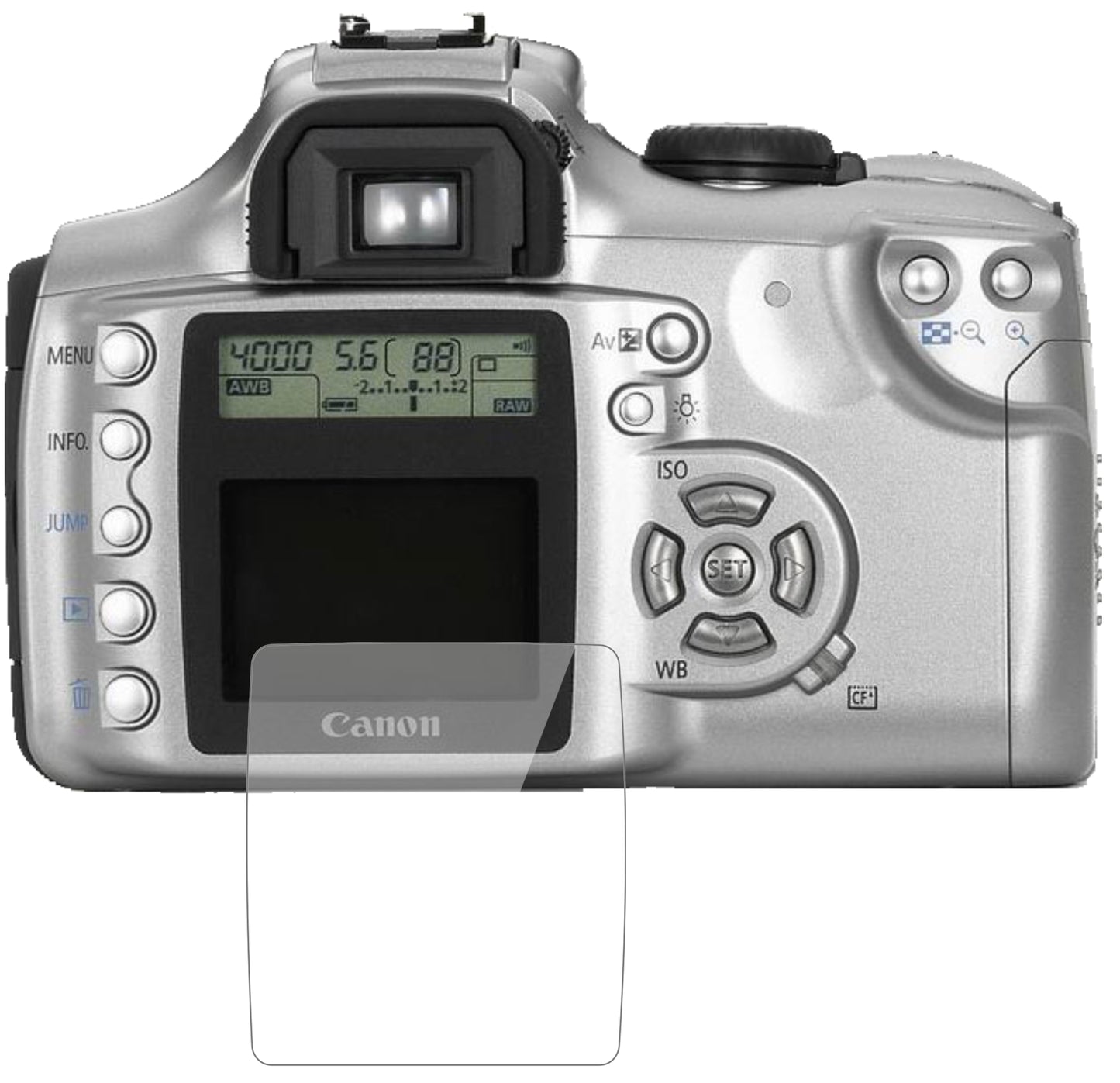CanonEOS 300D mit aufgebrachter dipos Flex Schutzfolie, glasklare Darstellung ohne Einschränkungen
