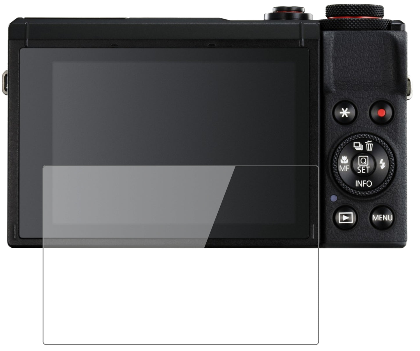 CanonPowerShot G7X Mark III mit aufgebrachter dipos Flex Schutzfolie, glasklare Darstellung ohne Einschränkungen