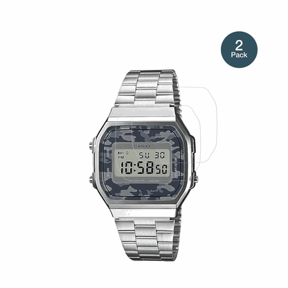 CasioA168WEC-1EF mit aufgebrachter dipos Flex Schutzfolie, glasklare Darstellung ohne Einschr�nkungen