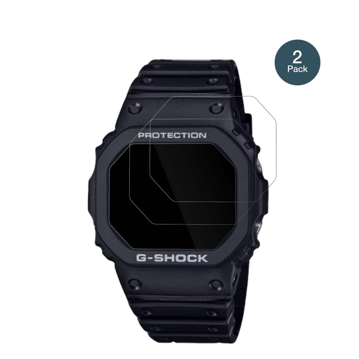 CasioG-Shock DW-5000R-1A mit aufgebrachter dipos Flex Schutzfolie, glasklare Darstellung ohne Einschränkungen