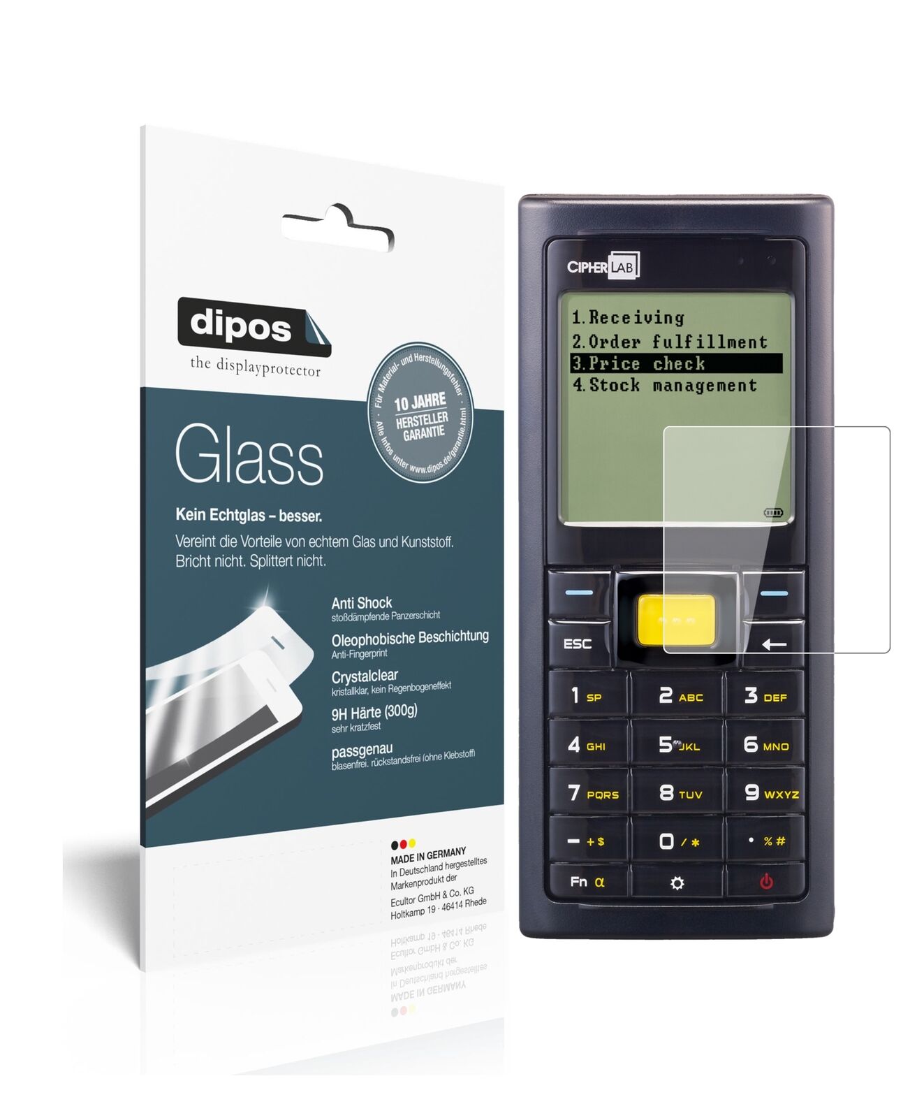 Cipherlab8230 mit aufgebrachter dipos Flex Schutzfolie, glasklare Darstellung ohne Einschränkungen