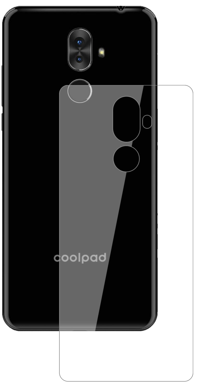 CoolpadNote 8 Rückseite mit aufgebrachter dipos Flex Schutzfolie, glasklare Darstellung ohne Einschränkungen