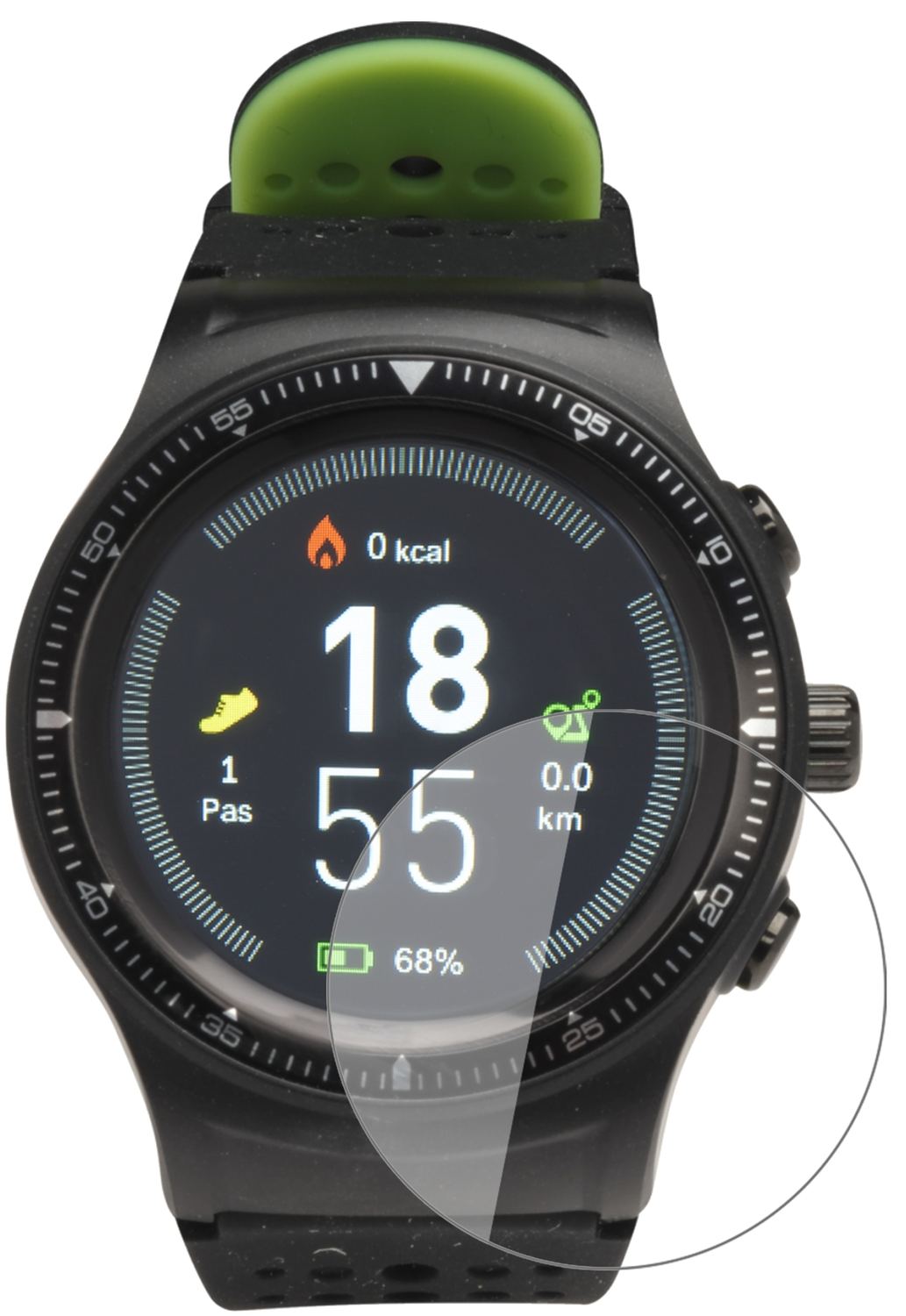 DENVERSW-500 Smartwatch mit aufgebrachter dipos Flex Schutzfolie, glasklare Darstellung ohne Einschränkungen