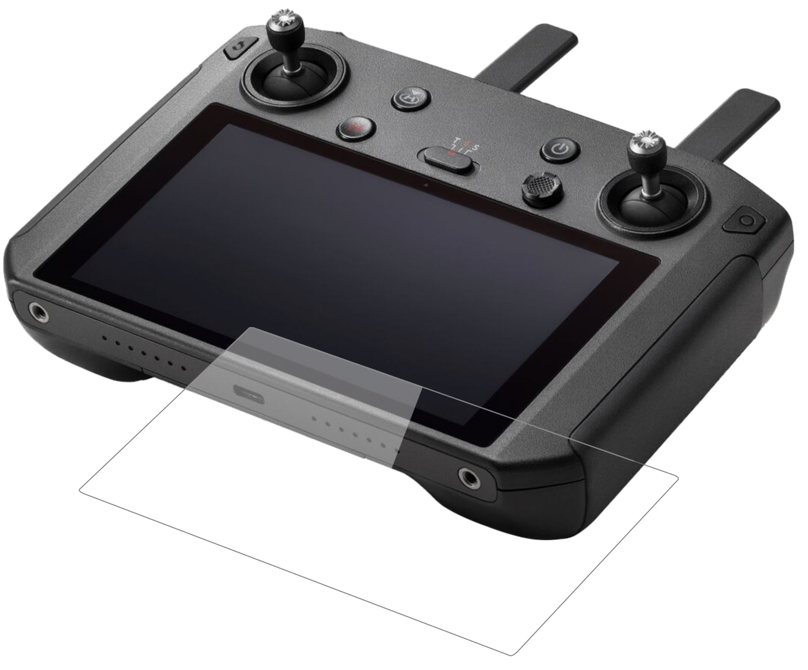 DJISmart Controller mit aufgebrachter dipos Flex Schutzfolie, glasklare Darstellung ohne Einschränkungen