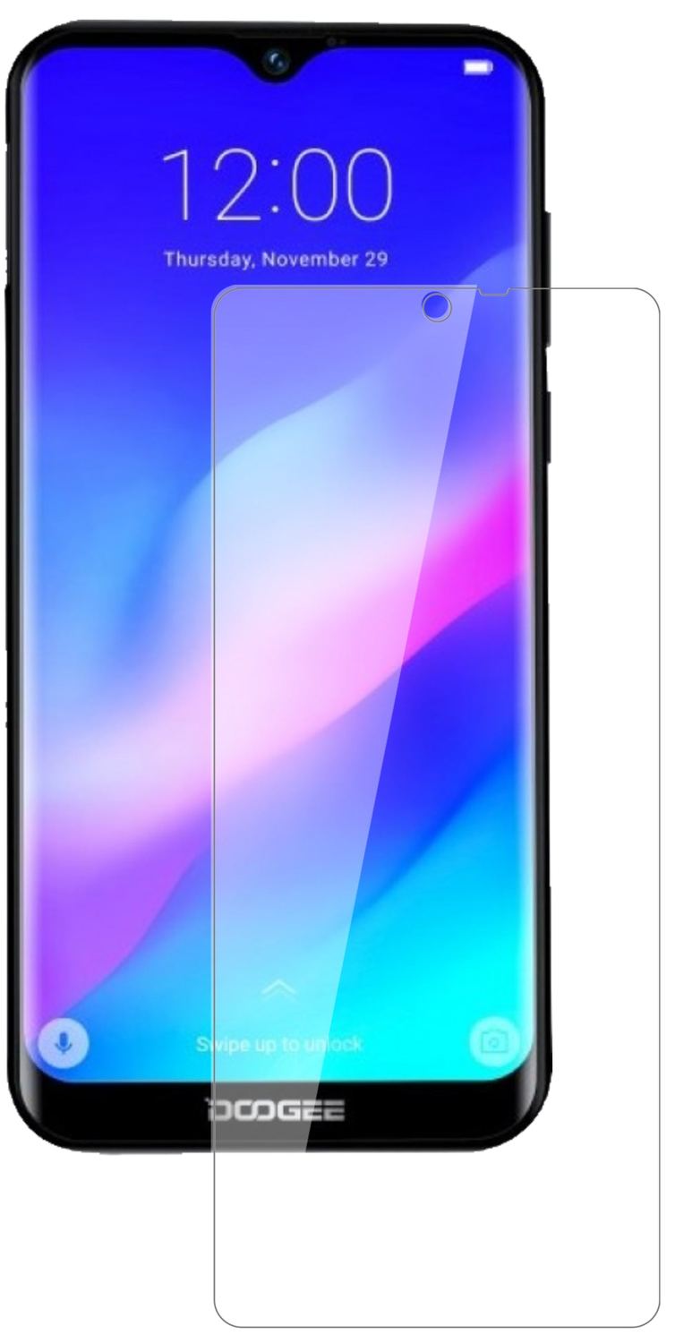 DoogeeY8 Plus (2019) mit aufgebrachter dipos Flex Schutzfolie, glasklare Darstellung ohne Einschränkungen