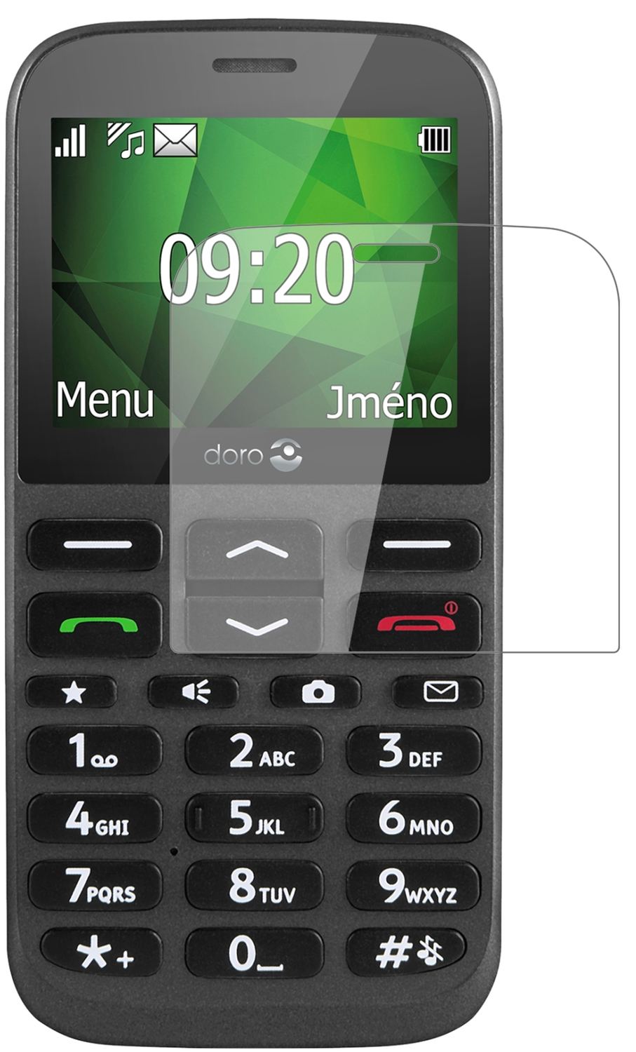 Doro1370 mit aufgebrachter dipos Flex Schutzfolie, glasklare Darstellung ohne Einschränkungen