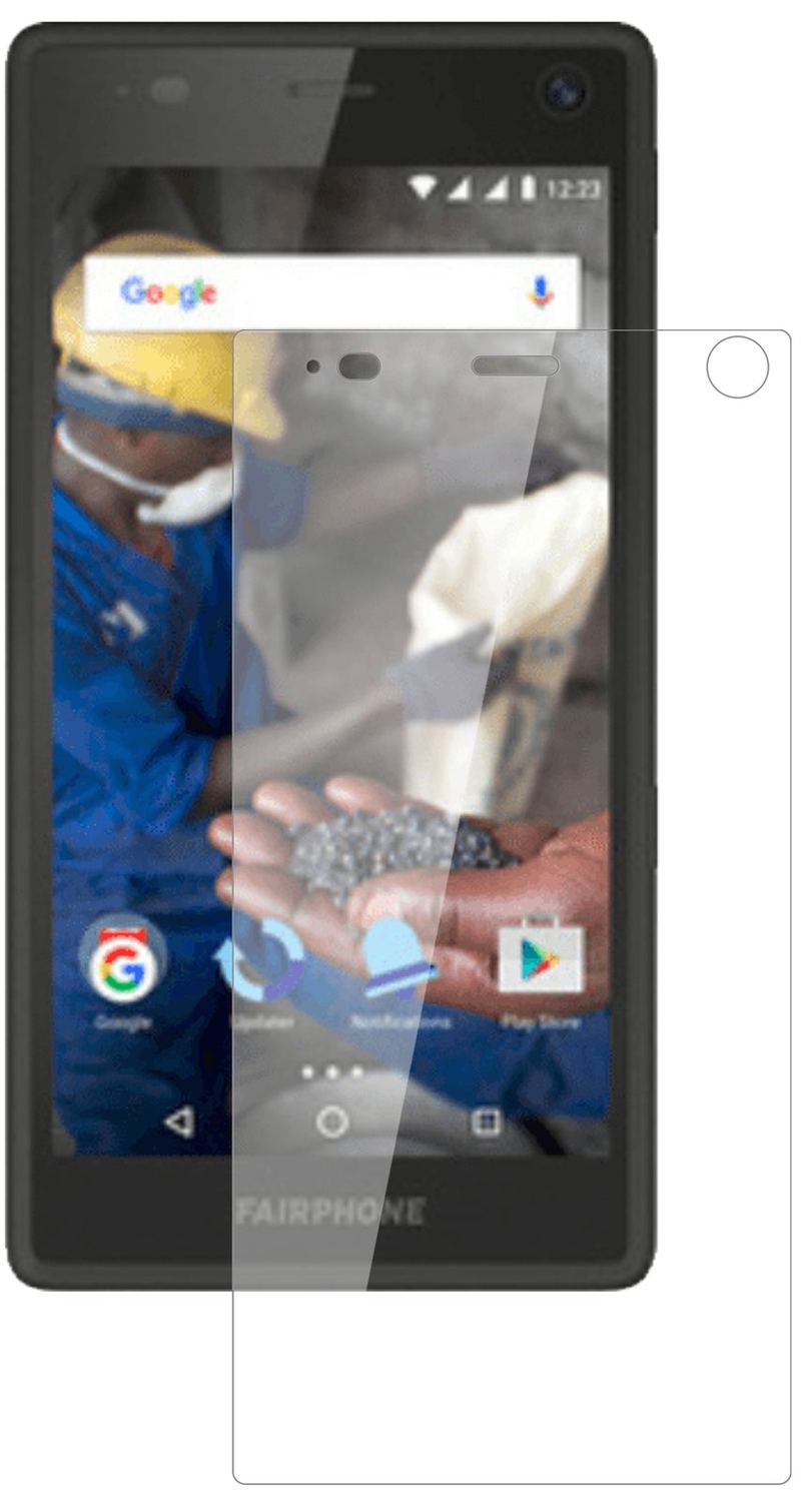 Fairphone2 mit aufgebrachter dipos Flex Schutzfolie, glasklare Darstellung ohne Einschränkungen