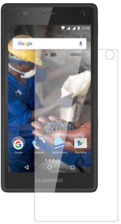 Fairphone2 mit aufgebrachter dipos Flex Schutzfolie, glasklare Darstellung ohne Einschränkungen