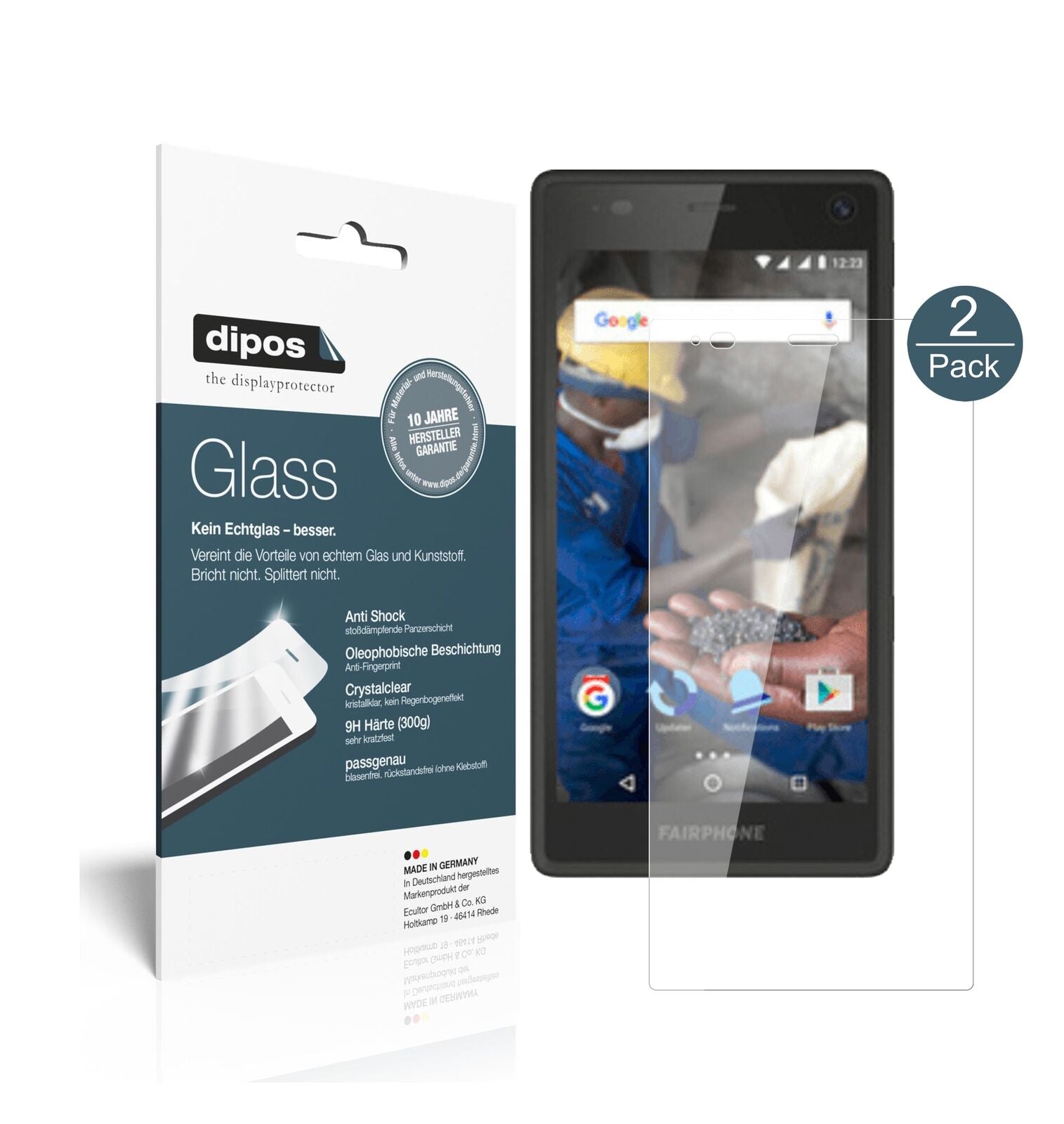 Fairphone2 mit aufgebrachter dipos Flex Schutzfolie, glasklare Darstellung ohne Einschränkungen