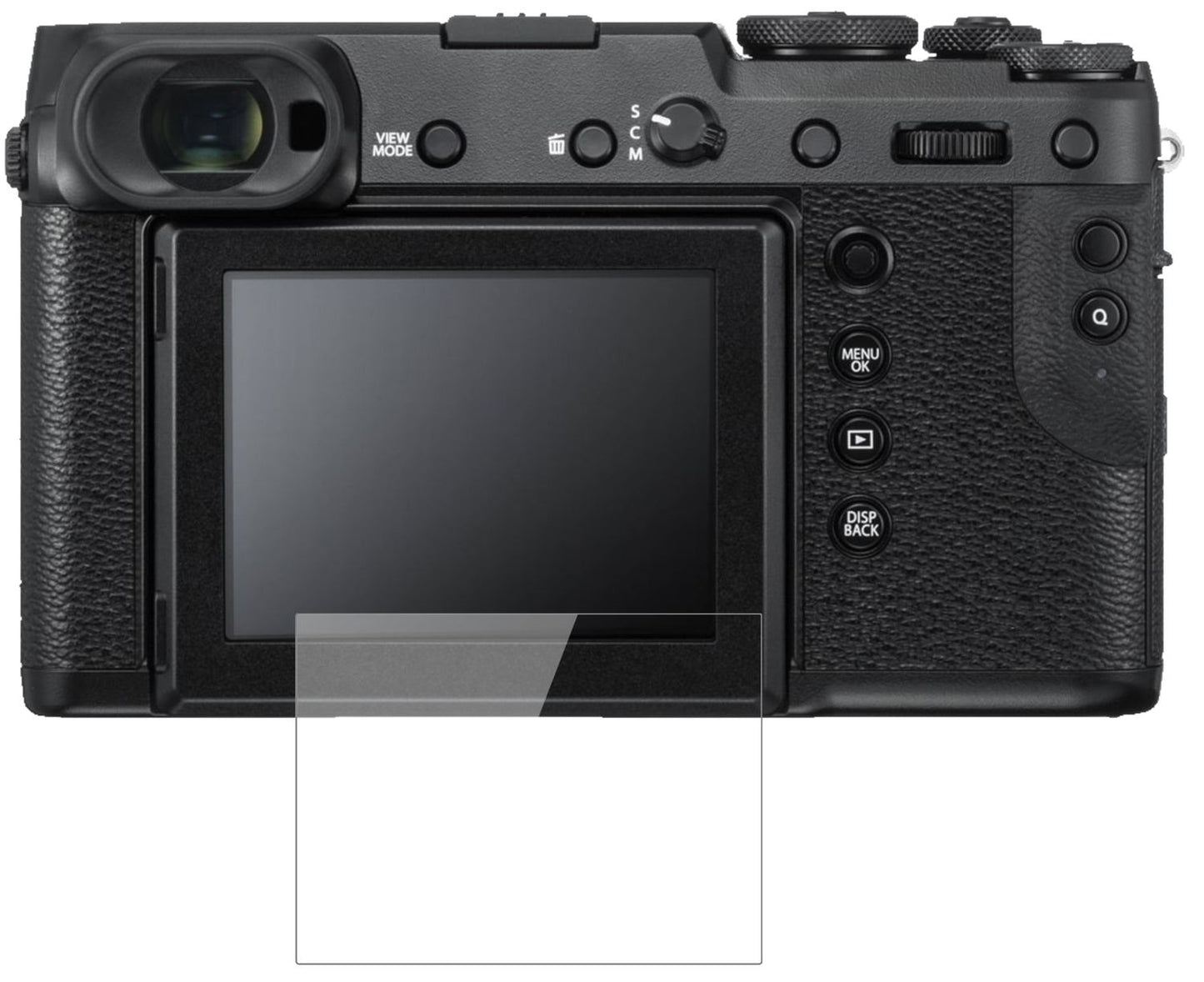 FujifilmGFX 50R mit aufgebrachter dipos Flex Schutzfolie, glasklare Darstellung ohne Einschränkungen