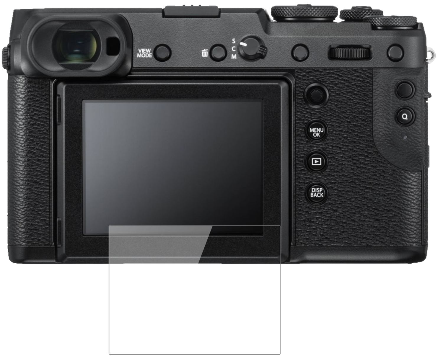 FujifilmGFX 50R mit aufgebrachter dipos Flex Schutzfolie, glasklare Darstellung ohne Einschränkungen