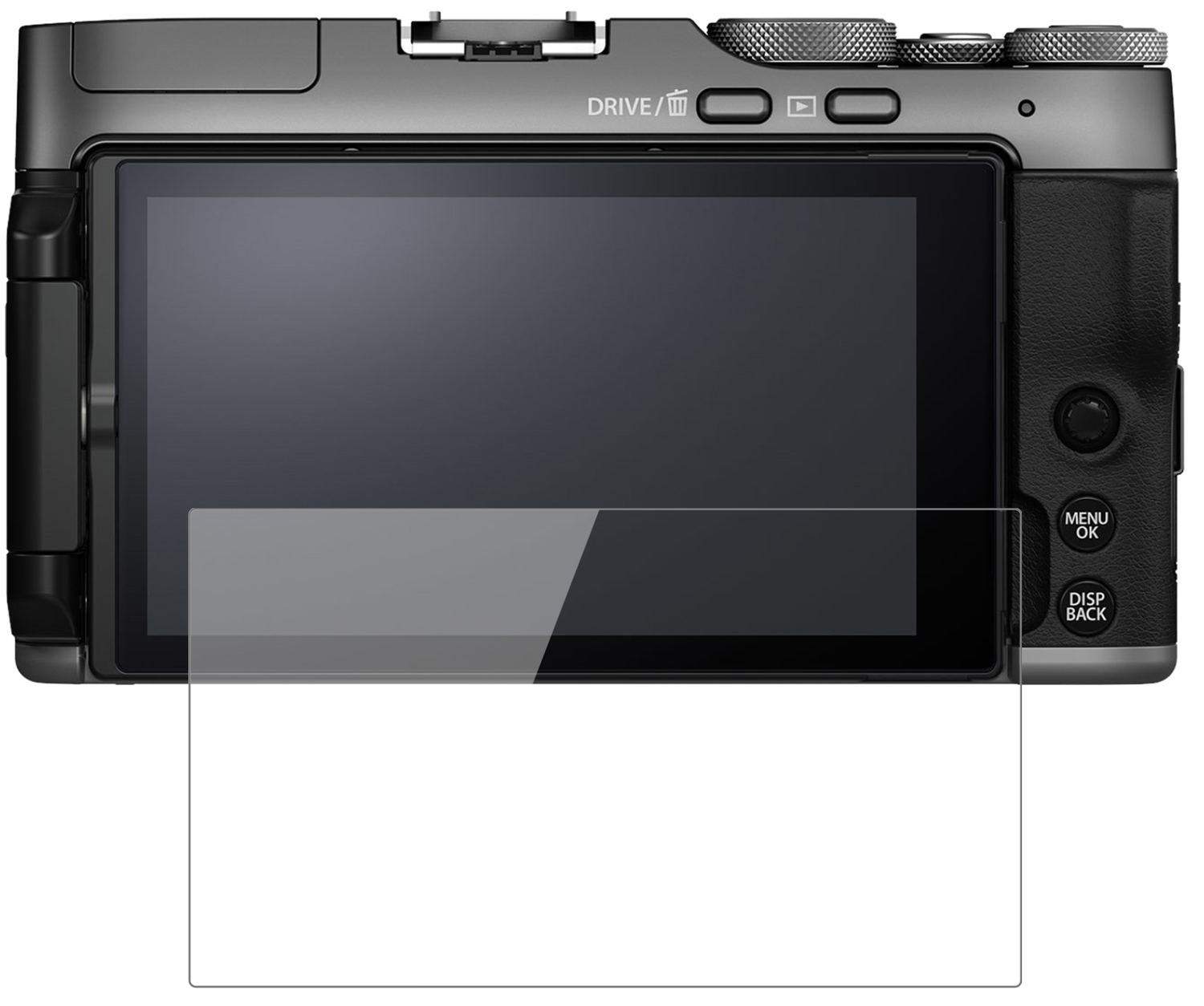FujifilmX-A7 mit aufgebrachter dipos Flex Schutzfolie, glasklare Darstellung ohne Einschränkungen
