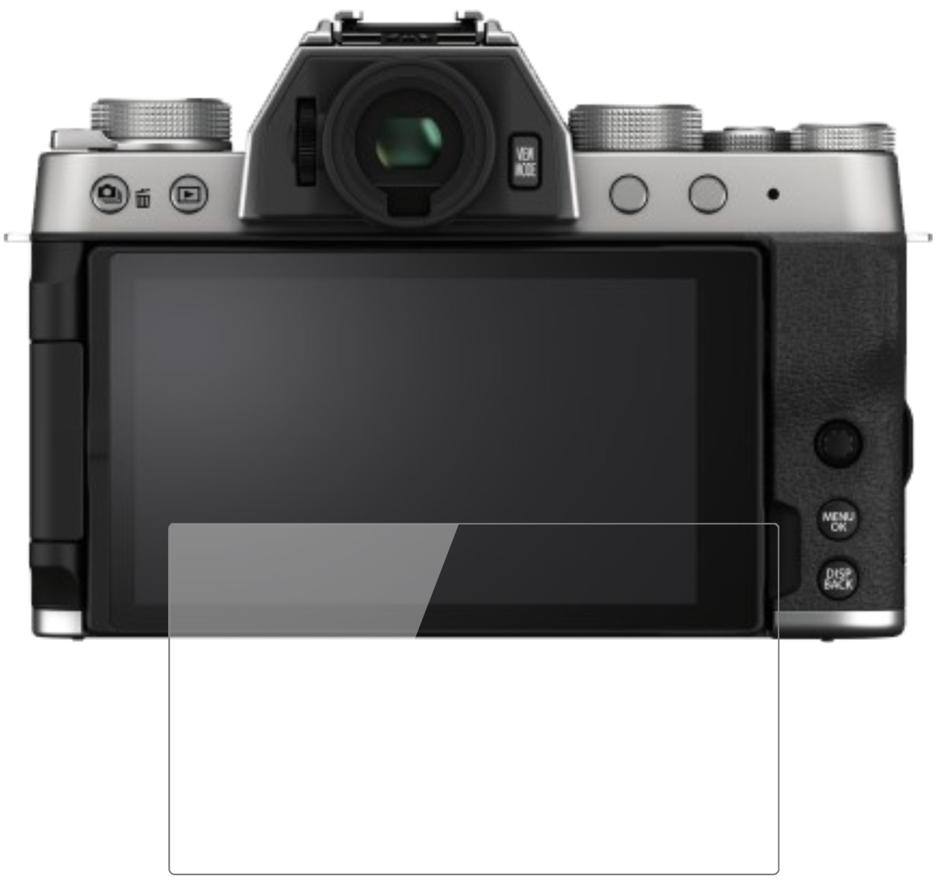 FujifilmX-T200 mit aufgebrachter dipos Flex Schutzfolie, glasklare Darstellung ohne Einschränkungen