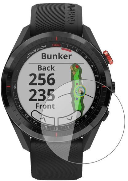 GarminApproach S62 mit aufgebrachter dipos Flex Schutzfolie, glasklare Darstellung ohne Einschränkungen