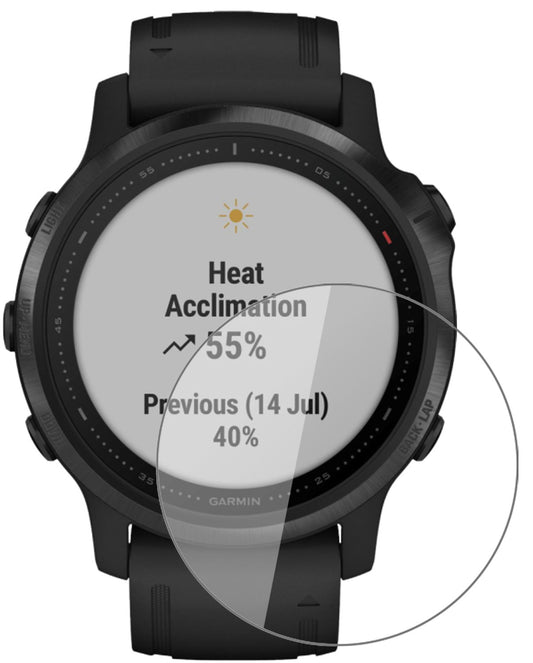 Garminfenix 6S Pro mit aufgebrachter dipos Flex Schutzfolie, glasklare Darstellung ohne Einschränkungen
