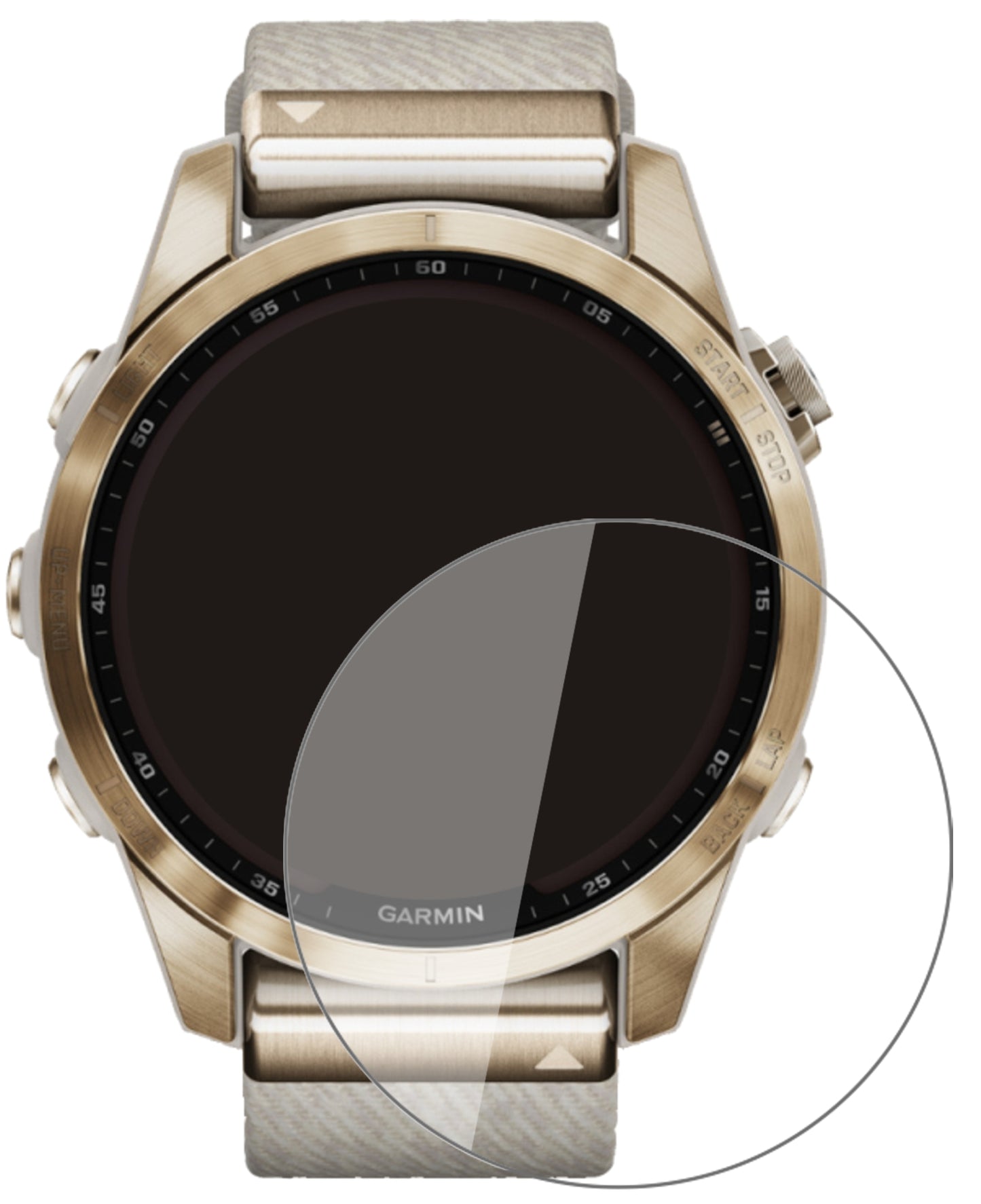 GarminFenix 7S (42 mm) mit aufgebrachter dipos Flex Schutzfolie, glasklare Darstellung ohne Einschränkungen