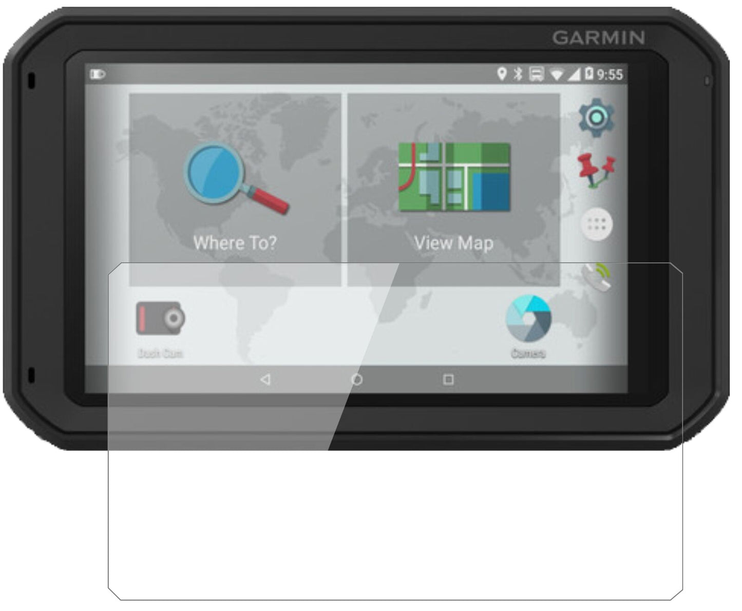 Garminfleet 770 mit aufgebrachter dipos Flex Schutzfolie, glasklare Darstellung ohne Einschränkungen