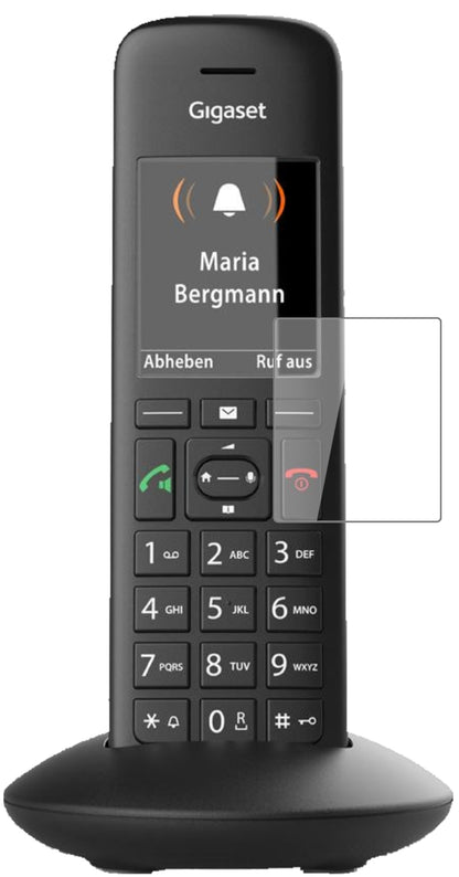 GigasetC570 mit aufgebrachter dipos Flex Schutzfolie, glasklare Darstellung ohne Einschränkungen