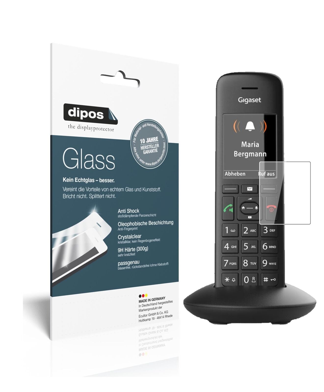 GigasetC570A mit aufgebrachter dipos Flex Schutzfolie, glasklare Darstellung ohne Einschränkungen