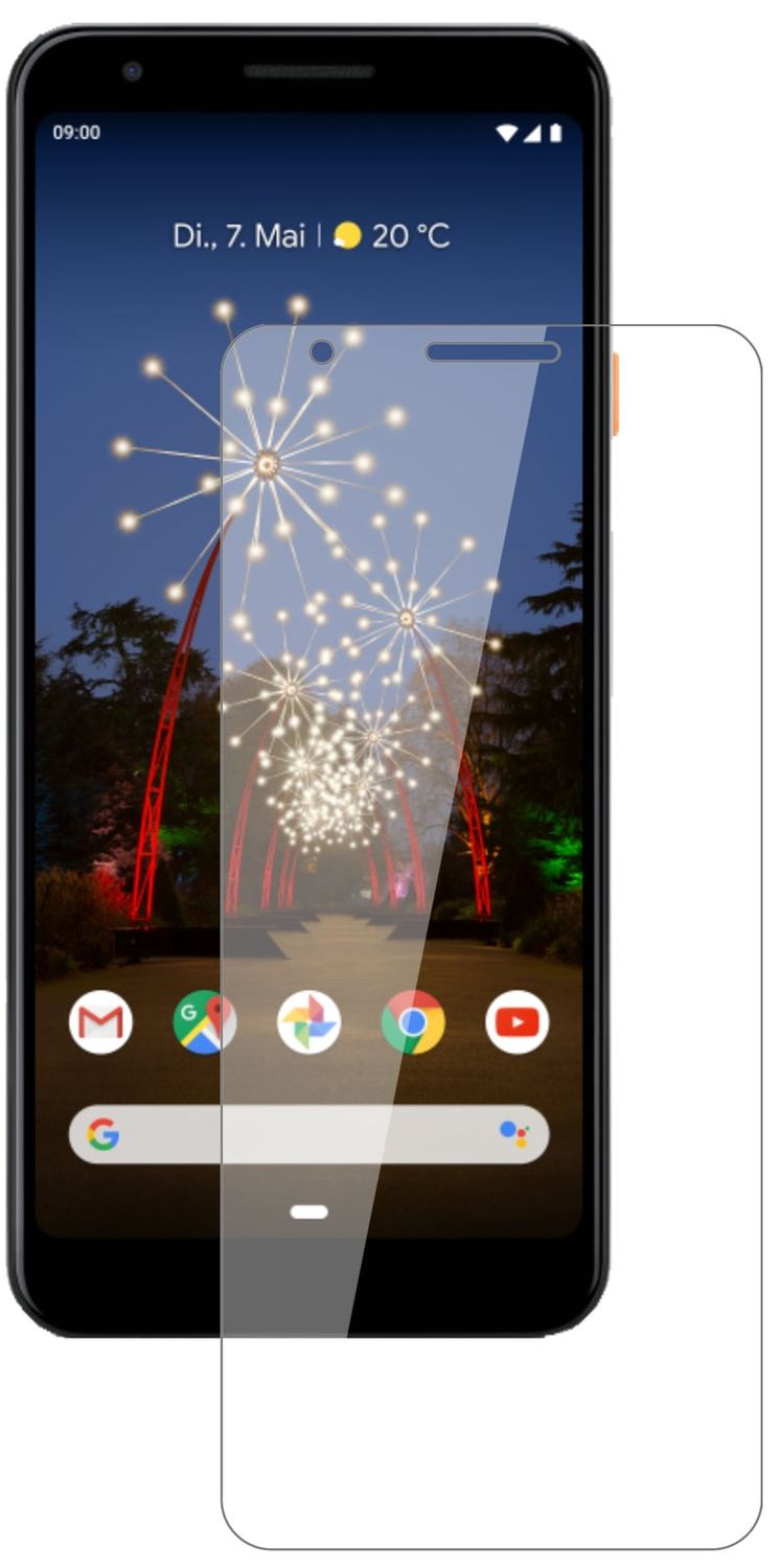 GooglePixel 3a mit aufgebrachter dipos Flex Schutzfolie, glasklare Darstellung ohne Einschränkungen