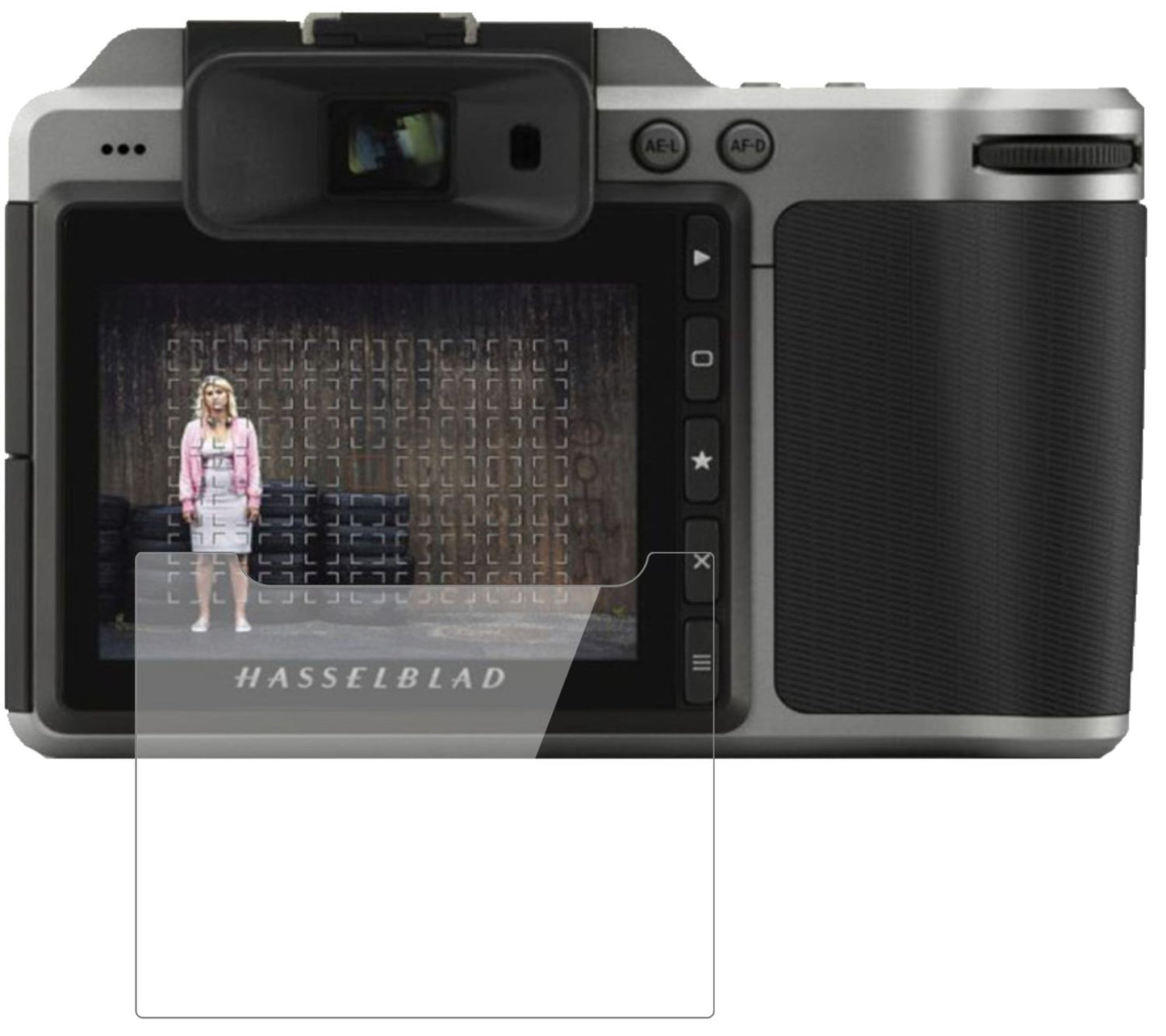 HasselbladX1D II 50C mit aufgebrachter dipos Flex Schutzfolie, glasklare Darstellung ohne Einschränkungen