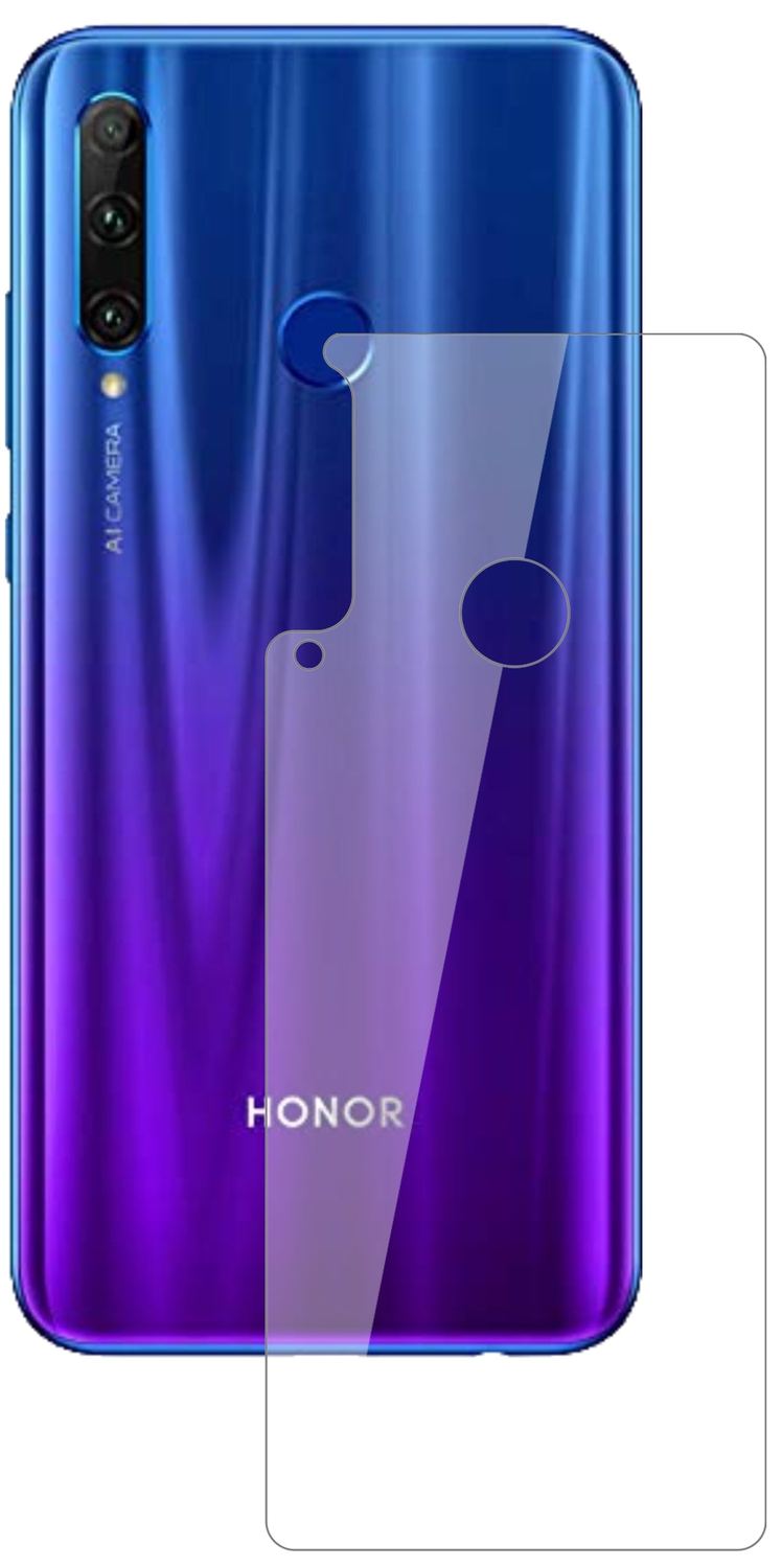 Honor20E Rückseite mit aufgebrachter dipos Flex Schutzfolie, glasklare Darstellung ohne Einschränkungen