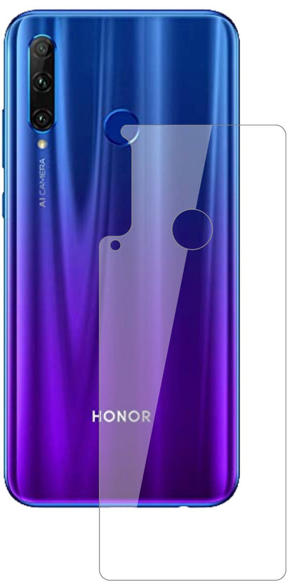 Honor20E Rückseite mit aufgebrachter dipos Flex Schutzfolie, glasklare Darstellung ohne Einschränkungen