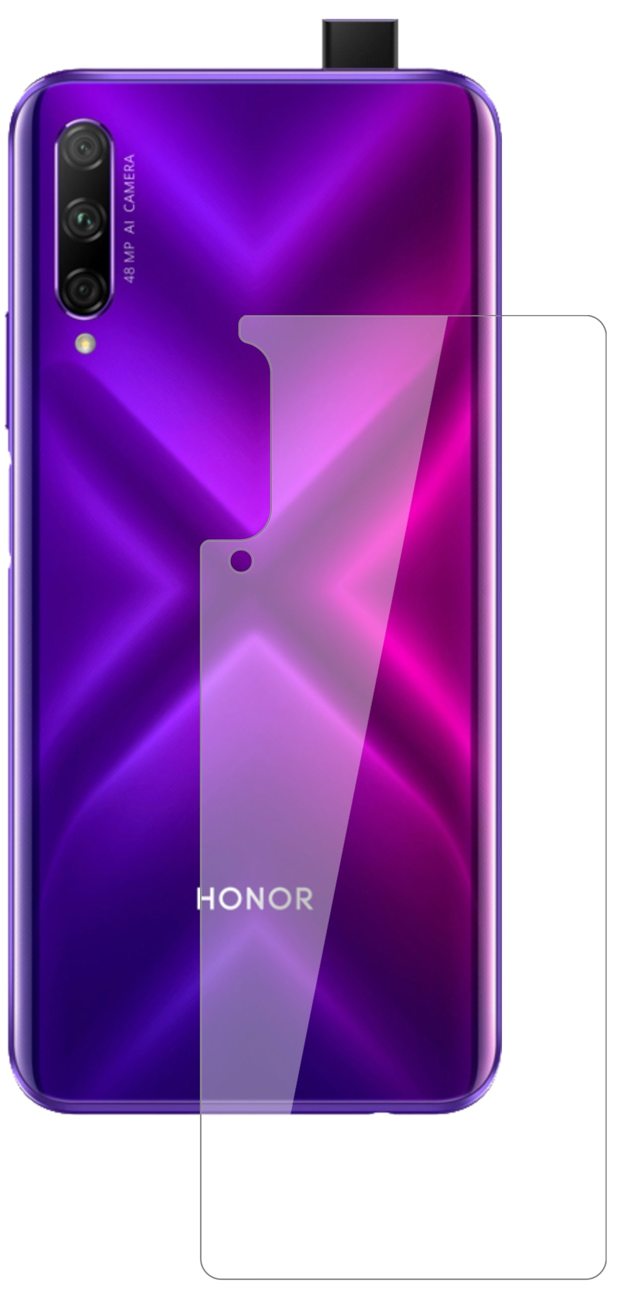 HuaweiY9s Rückseite mit aufgebrachter dipos Flex Schutzfolie, glasklare Darstellung ohne Einschränkungen