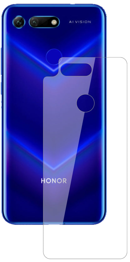 HonorView 20 Rückseite mit aufgebrachter dipos Flex Schutzfolie, glasklare Darstellung ohne Einschränkungen
