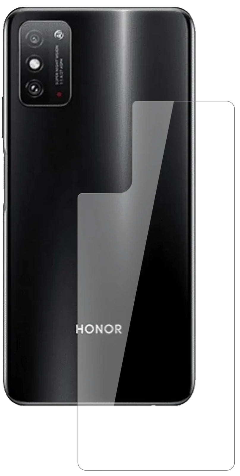 HonorX10 Max 5G Rückseite mit aufgebrachter dipos Flex Schutzfolie, glasklare Darstellung ohne Einschränkungen