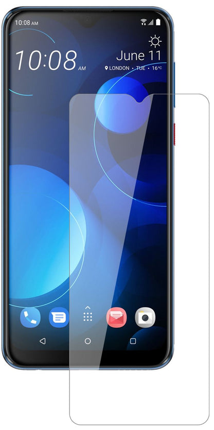 HTCDesire 19 Plus mit aufgebrachter dipos Flex Schutzfolie, glasklare Darstellung ohne Einschränkungen