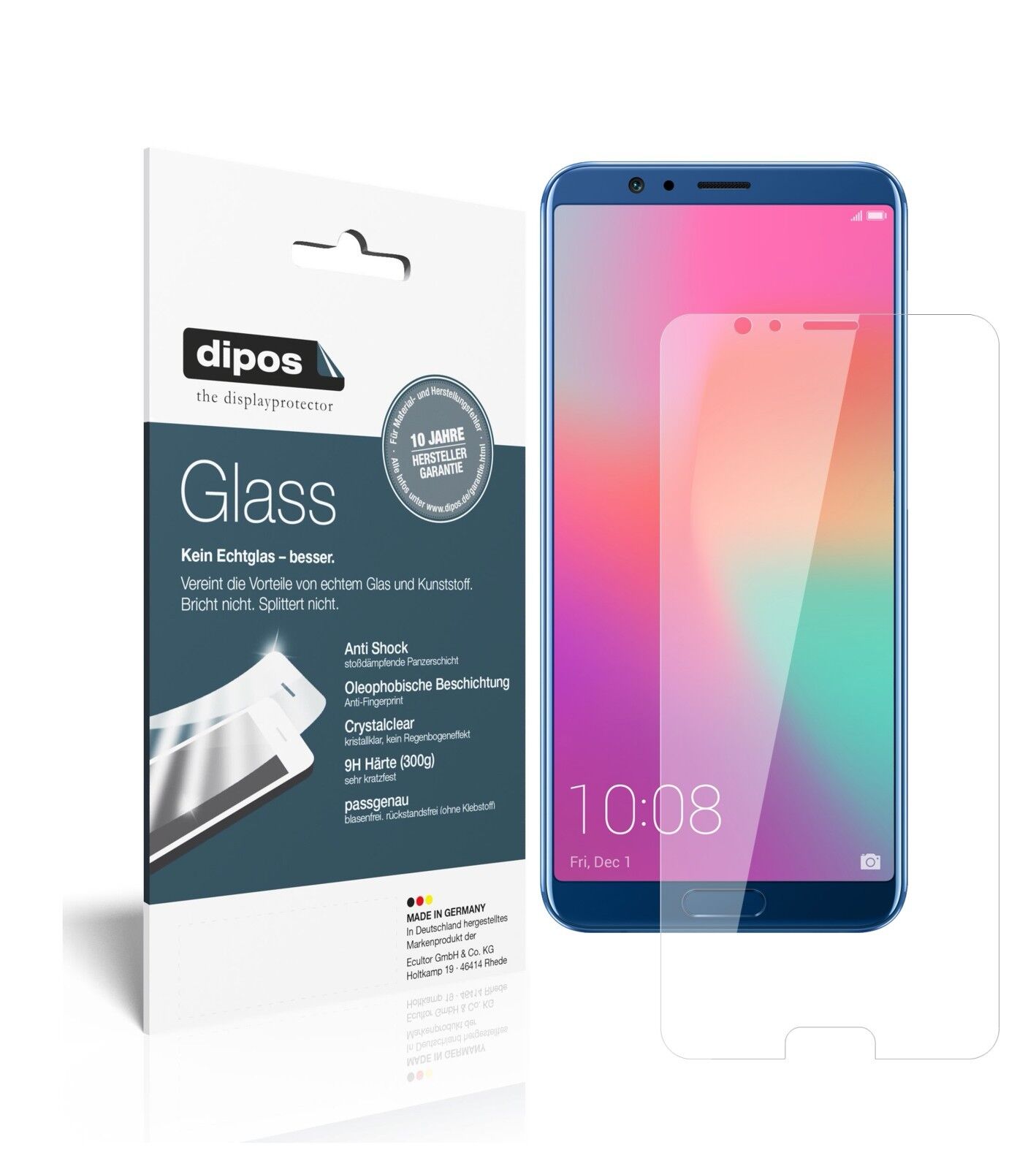 HuaweiHonor View 10 mit aufgebrachter dipos Flex Schutzfolie, glasklare Darstellung ohne Einschränkungen