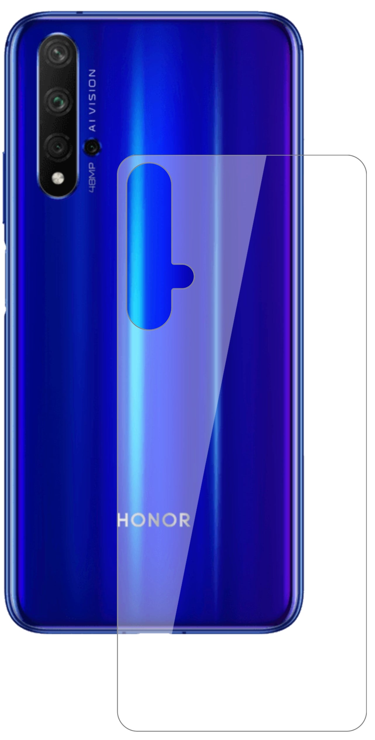 Honor20S Rückseite mit aufgebrachter dipos Flex Schutzfolie, glasklare Darstellung ohne Einschränkungen