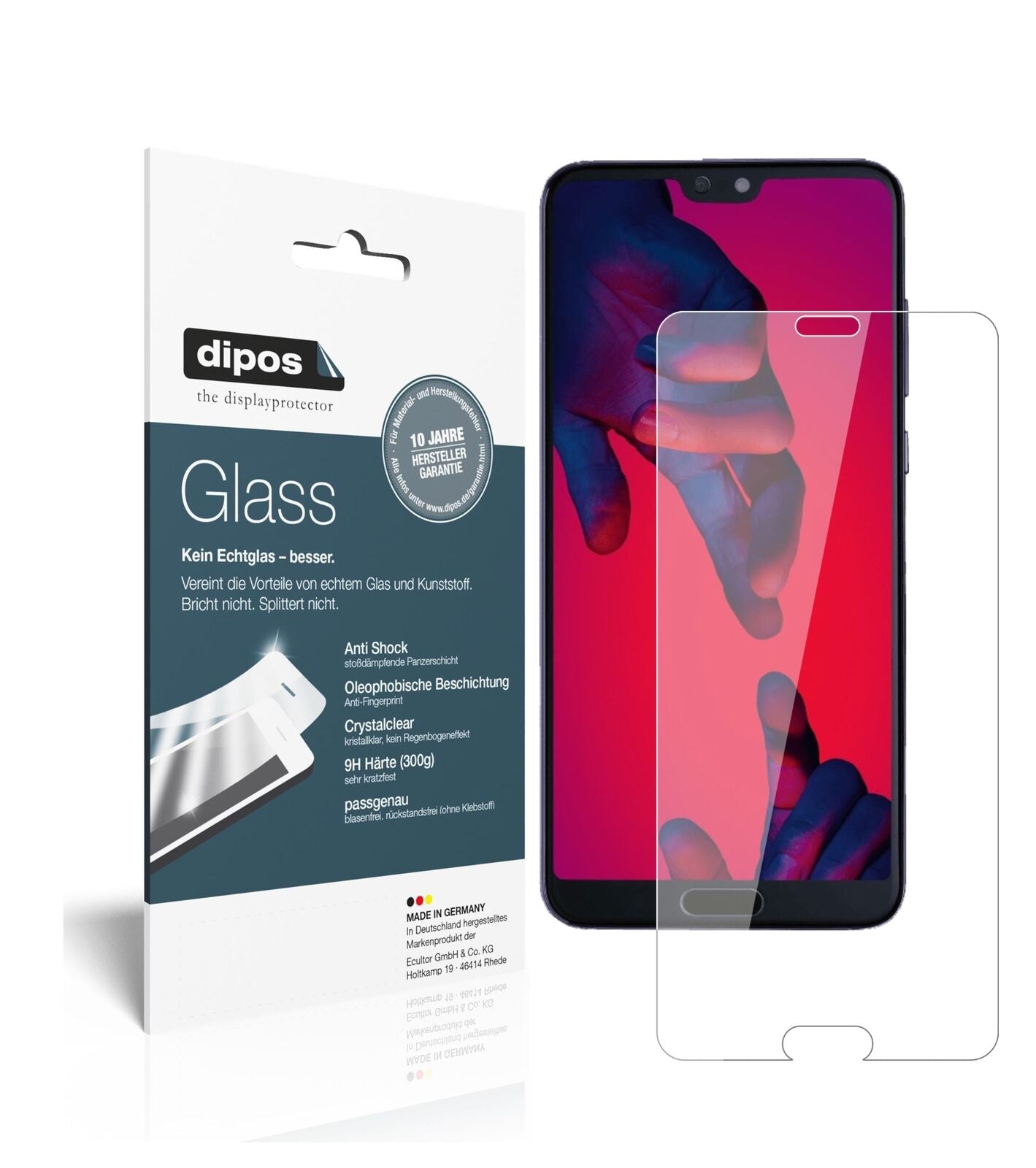 HuaweiP20 mit aufgebrachter dipos Flex Schutzfolie, glasklare Darstellung ohne Einschränkungen