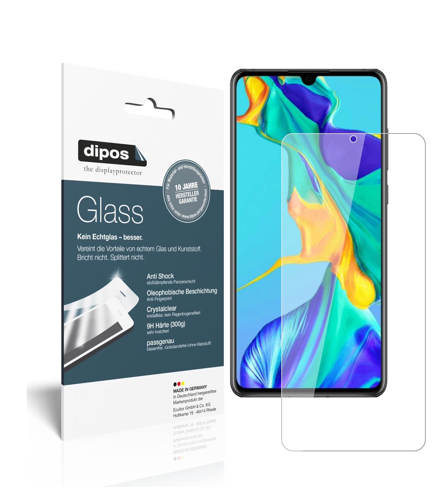 HuaweiP30 mit aufgebrachter dipos Flex Schutzfolie, glasklare Darstellung ohne Einschränkungen