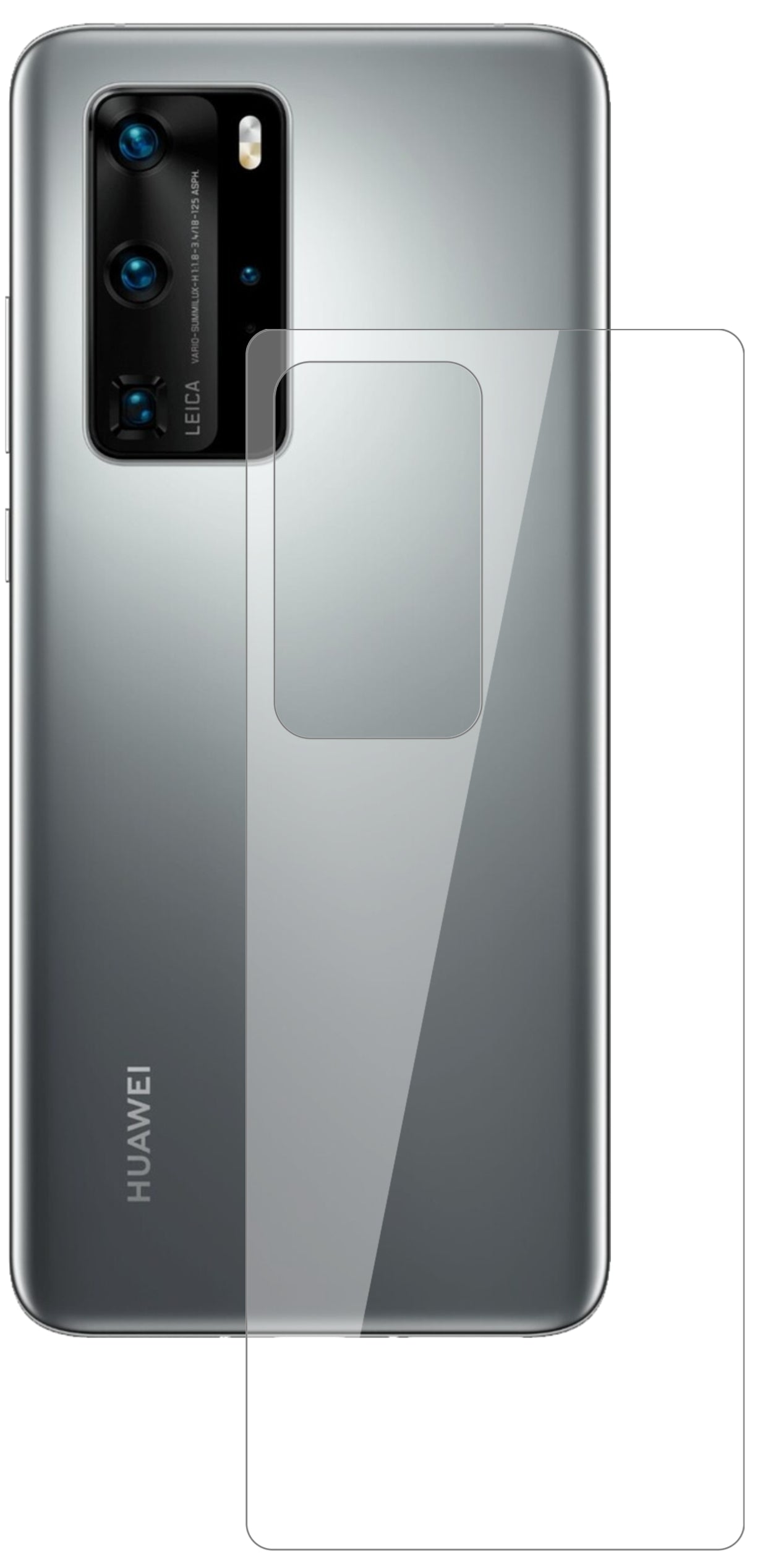 HuaweiP40 Rückseite mit aufgebrachter dipos Flex Schutzfolie, glasklare Darstellung ohne Einschränkungen