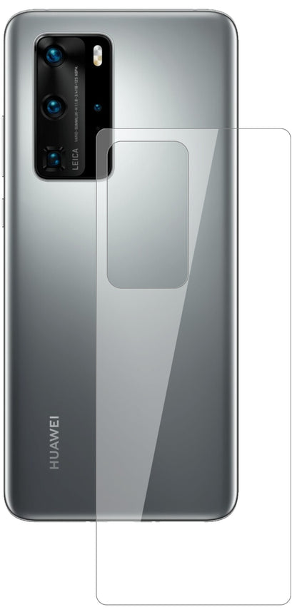 HuaweiP40 Rückseite mit aufgebrachter dipos Flex Schutzfolie, glasklare Darstellung ohne Einschränkungen
