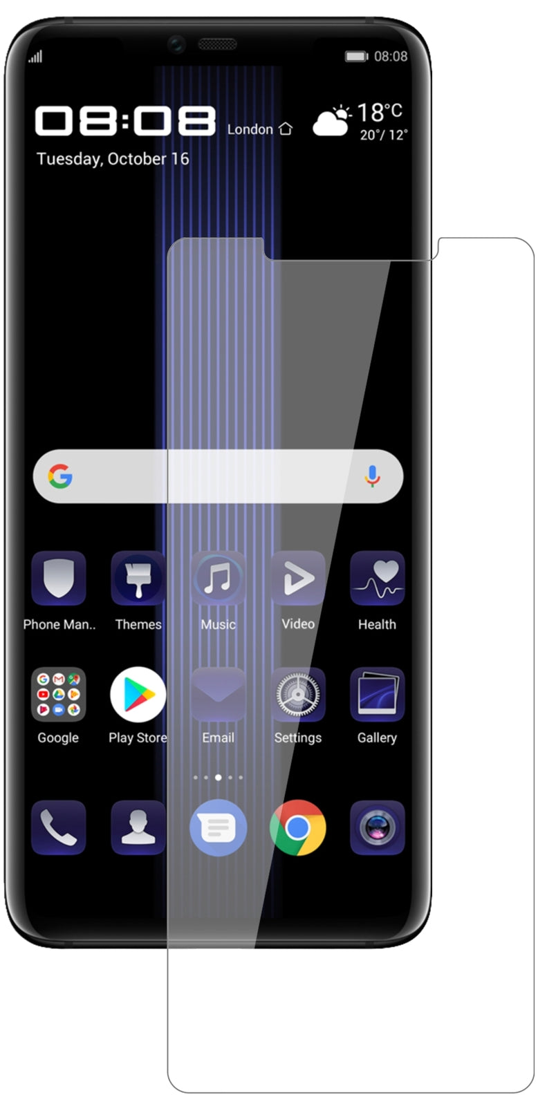 HuaweiPorsche Design Mate 20 RS mit aufgebrachter dipos Flex Schutzfolie, glasklare Darstellung ohne Einschränkungen