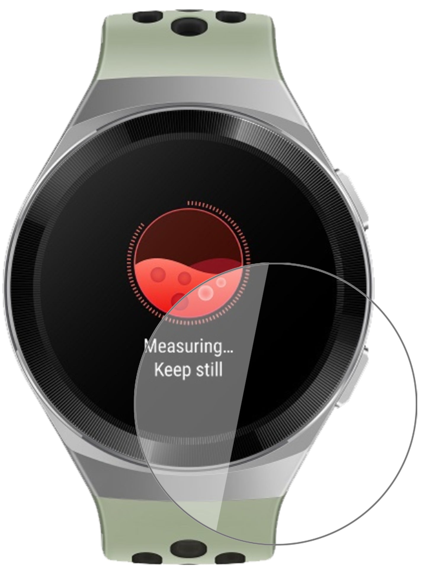 HuaweiWatch GT 2e mit aufgebrachter dipos Flex Schutzfolie, glasklare Darstellung ohne Einschränkungen