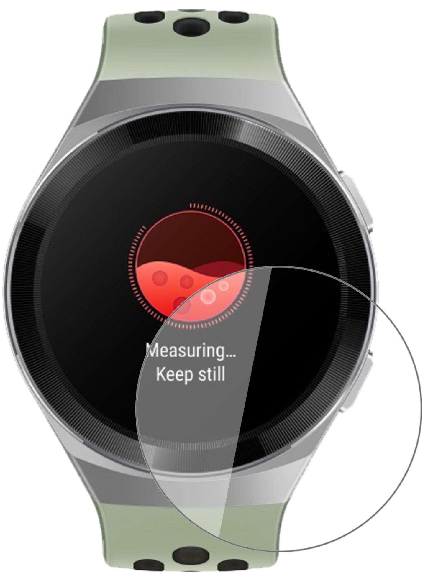 HuaweiWatch GT 2e mit aufgebrachter dipos Flex Schutzfolie, glasklare Darstellung ohne Einschränkungen