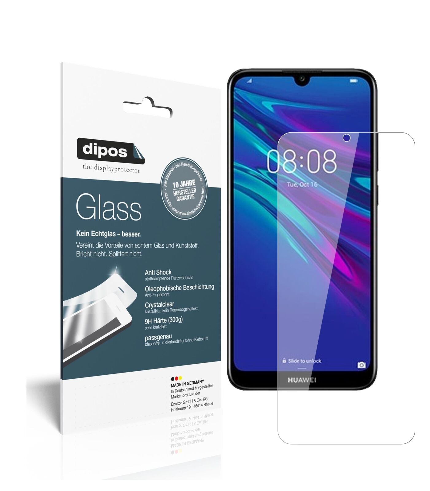 HuaweiY6 (2019) mit aufgebrachter dipos Flex Schutzfolie, glasklare Darstellung ohne Einschränkungen