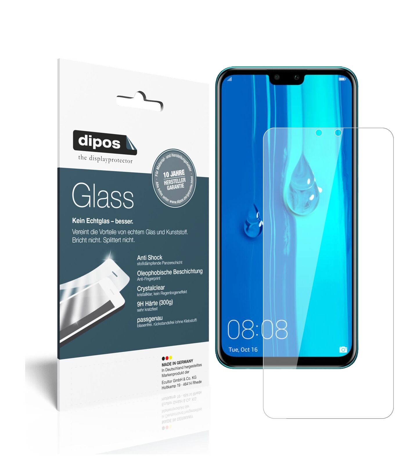 HuaweiY9 (2019) mit aufgebrachter dipos Flex Schutzfolie, glasklare Darstellung ohne Einschränkungen